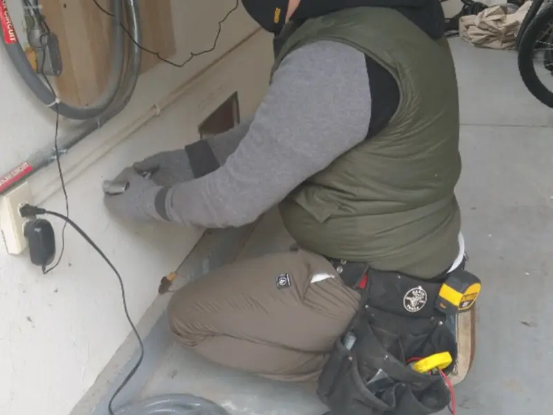 Electrician performing outlet wiring in a Carroll garage